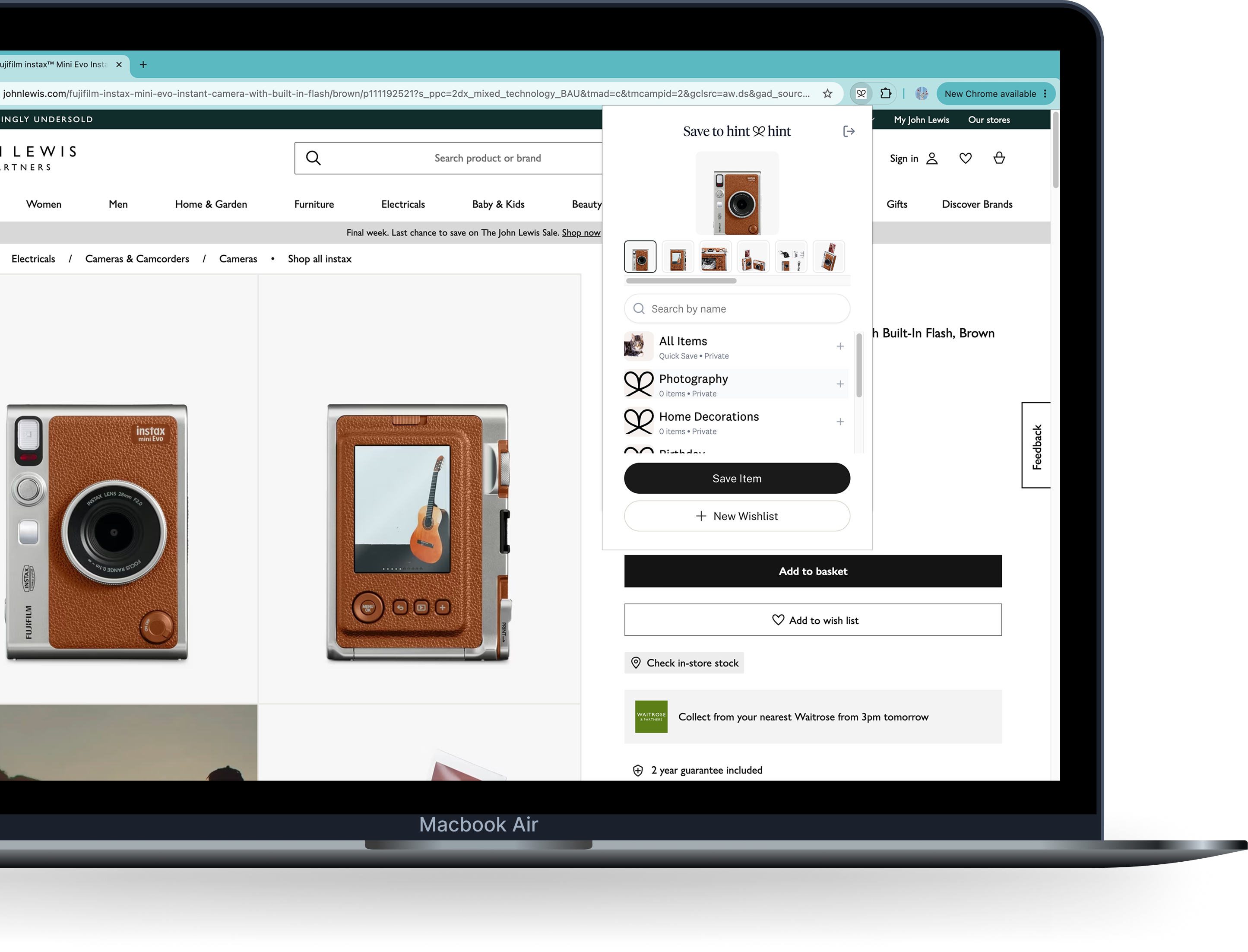 Saving a product with the HintHint Chrome extension