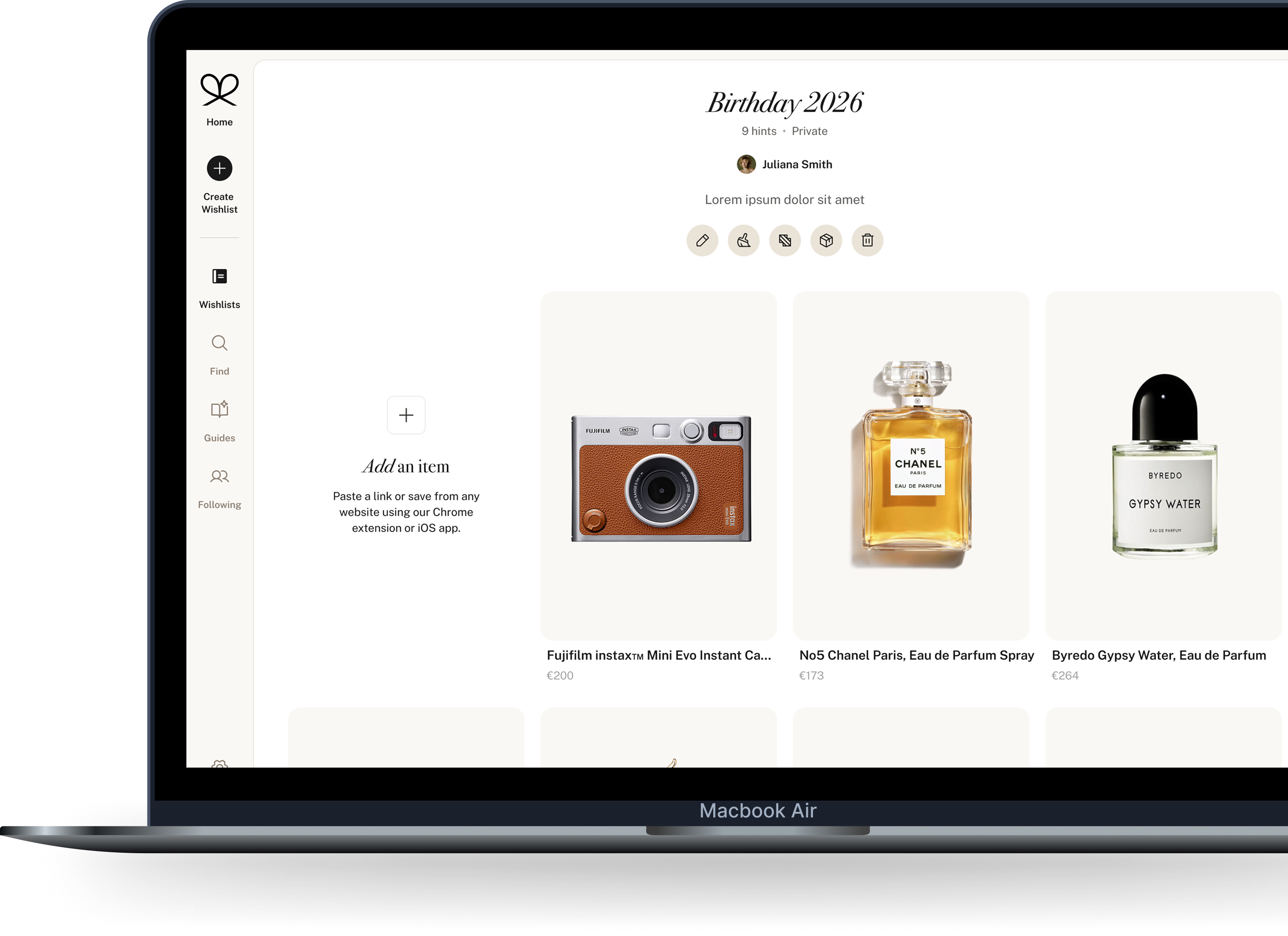 Organizing saved items into a wishlist